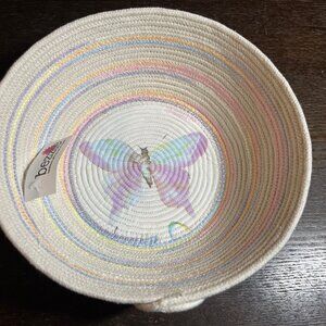 Handmade Ivory Rope Bowl Basket Colorful Butterfly 8" x 2.5" for Makeup, Remotes